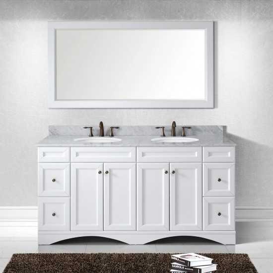 Talisa 72" Double Bath Vanity in White with White Marble Top and Round Sinks with Polished Chrome Faucets and Matching Mirror