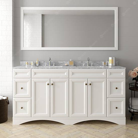 Talisa 72" Double Bath Vanity in White with White Marble Top and Round Sinks with Polished Chrome Faucets and Matching Mirror