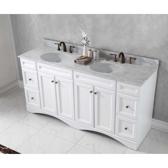 Talisa 72" Double Bath Vanity in White with White Marble Top and Round Sinks with Polished Chrome Faucets