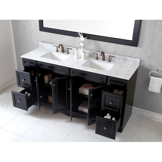 Talisa 72" Double Bath Vanity in Espresso with White Marble Top and Square Sinks and Matching Mirror