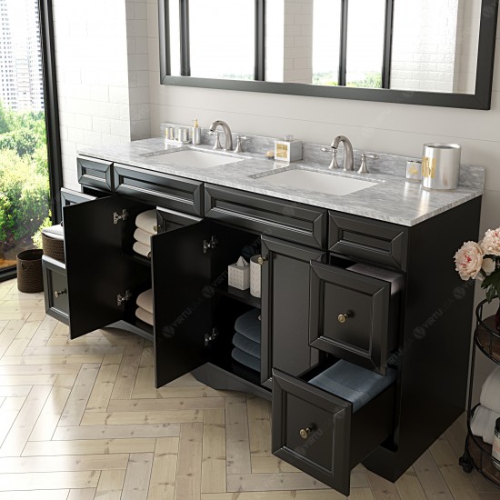 Talisa 72" Double Bath Vanity in Espresso with White Marble Top and Square Sinks with Brushed Nickel Faucets and Matching Mir