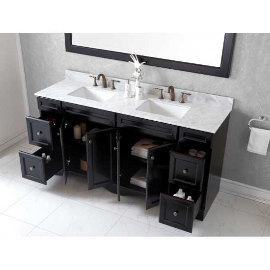 Talisa 72" Double Bath Vanity in Espresso with White Marble Top and Square Sinks with Brushed Nickel Faucets and Matching Mir