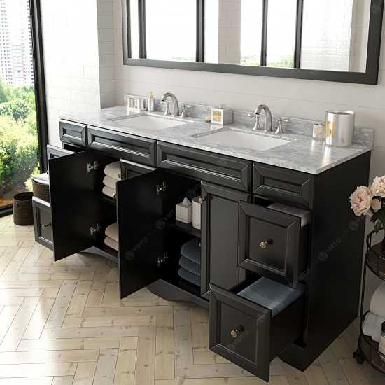 Talisa 72" Double Bath Vanity in Espresso with White Marble Top and Square Sinks with Polished Chrome Faucets and Mirror