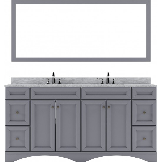 Talisa 72" Double Bath Vanity in Gray with White Marble Top and Square Sinks and Matching Mirror