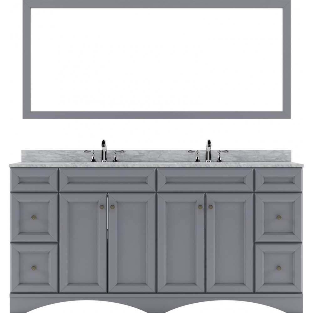 Talisa 72" Double Bath Vanity in Gray with White Marble Top and Square Sinks and Matching Mirror