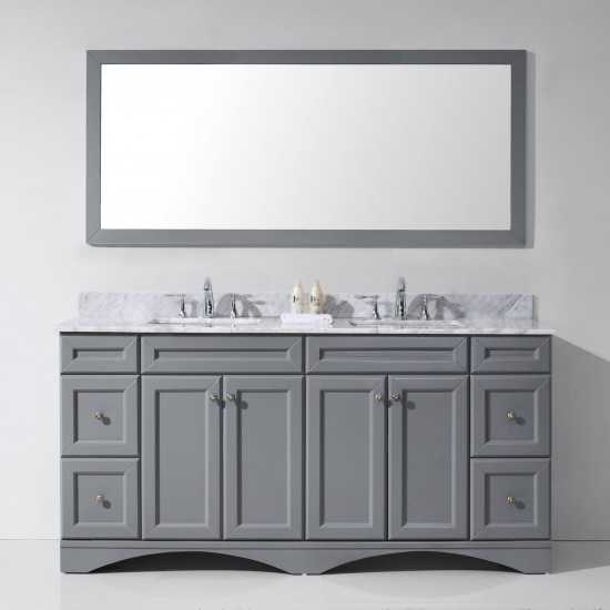 Talisa 72" Double Bath Vanity in Gray with White Marble Top and Square Sinks and Matching Mirror