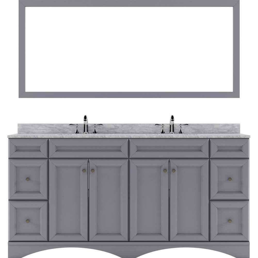 Talisa 72" Double Bath Vanity in Gray with White Marble Top and Square Sinks with Brushed Nickel Faucets and Matching Mirror