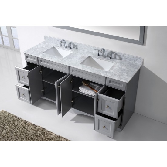 Talisa 72" Double Bath Vanity in Gray with White Marble Top and Square Sinks with Brushed Nickel Faucets and Matching Mirror