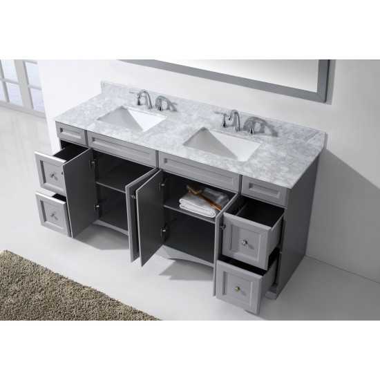 Talisa 72" Double Bath Vanity in Gray with White Marble Top and Square Sinks with Polished Chrome Faucets and Matching Mirror