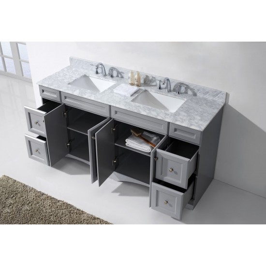 Talisa 72" Double Bath Vanity in Gray with White Marble Top and Square Sinks with Polished Chrome Faucets