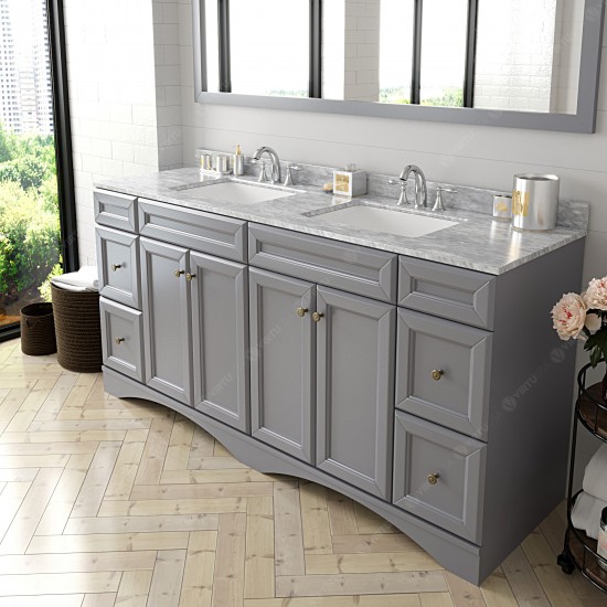 Talisa 72" Double Bath Vanity in Gray with White Marble Top and Square Sinks