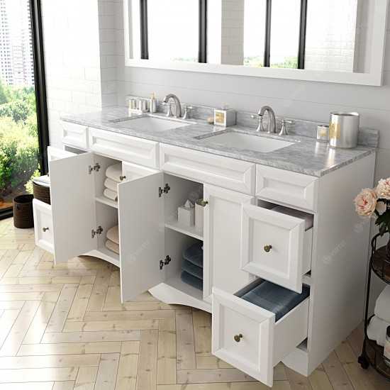 Talisa 72" Double Bath Vanity in White with White Marble Top and Square Sinks and Matching Mirror