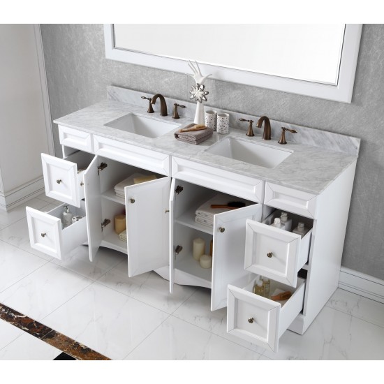 Talisa 72" Double Bath Vanity in White with White Marble Top and Square Sinks and Matching Mirror