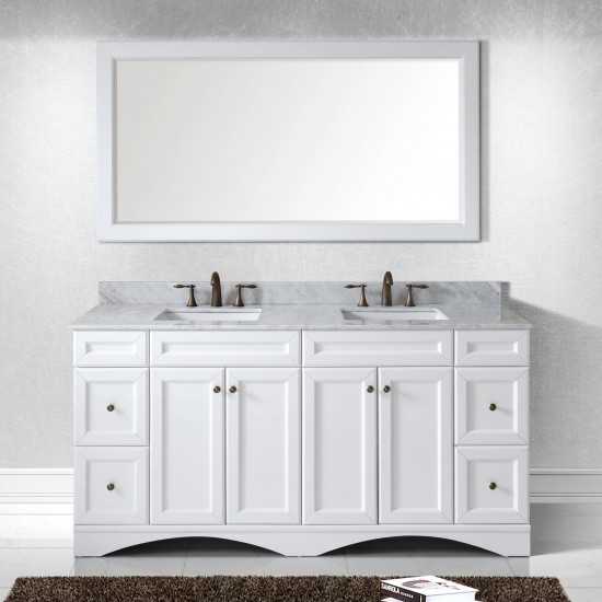 Talisa 72" Double Bath Vanity in White with White Marble Top and Square Sinks with Brushed Nickel Faucets and Matching Mirror