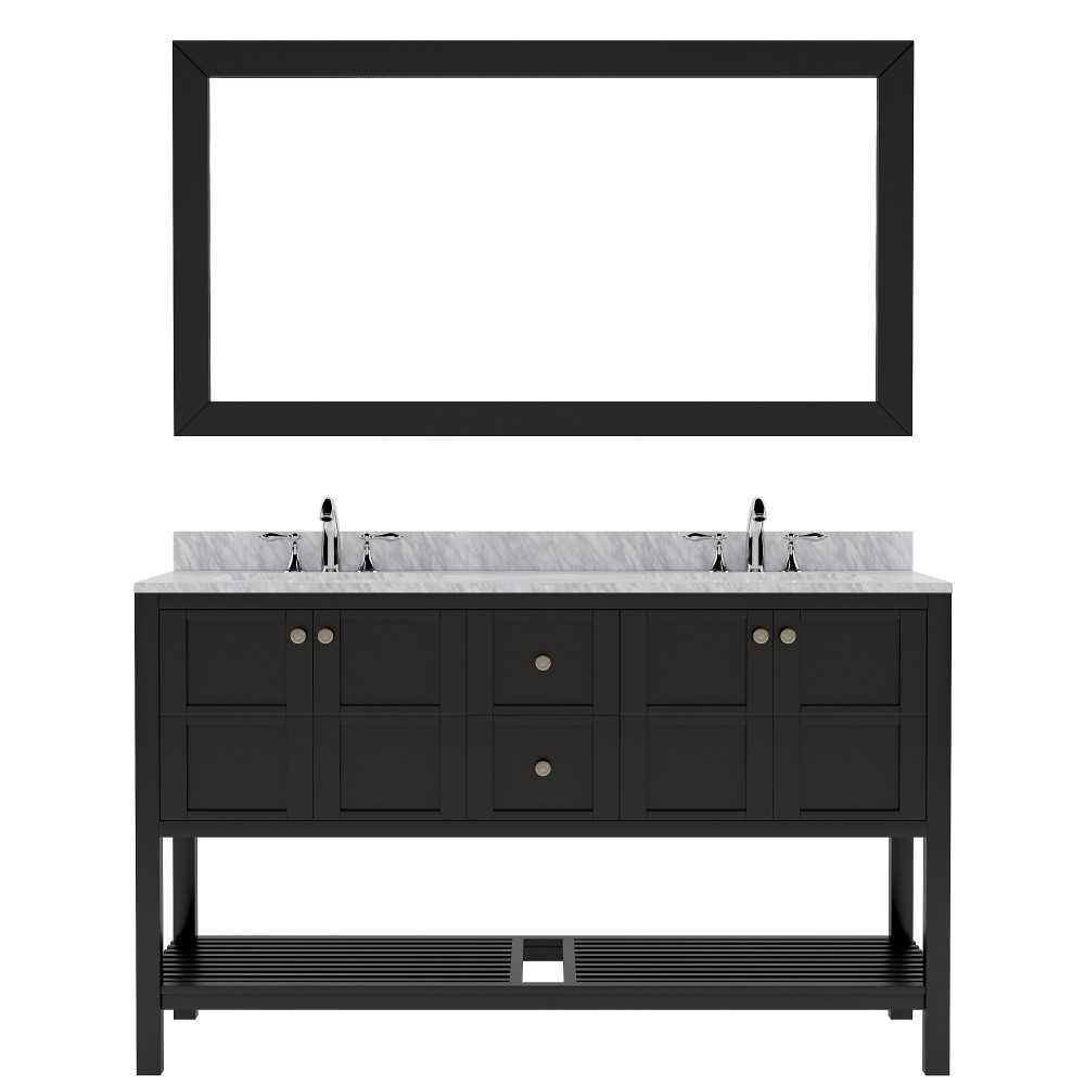 Winterfell 60" Double Bath Vanity in Espresso with White Marble Top and Round Sinks and Matching Mirror