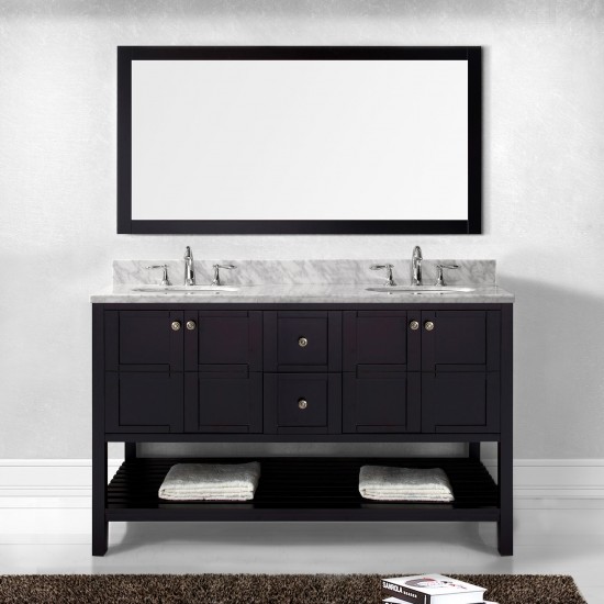 Winterfell 60" Double Bath Vanity in Espresso with White Marble Top and Round Sinks and Matching Mirror