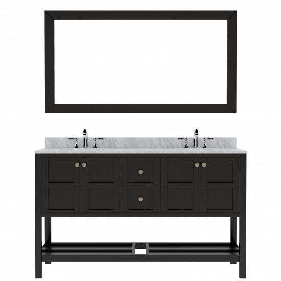 Winterfell 60" Double Bath Vanity in Espresso with White Marble Top and Round Sinks with Brushed Nickel Faucets and Mirror