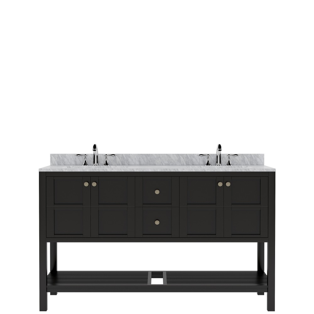 Winterfell 60" Double Bath Vanity in Espresso with White Marble Top and Round Sinks with Brushed Nickel Faucets