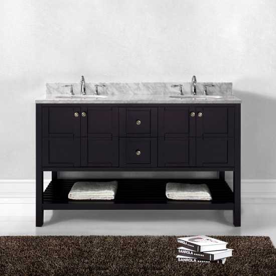 Winterfell 60" Double Bath Vanity in Espresso with White Marble Top and Round Sinks with Brushed Nickel Faucets