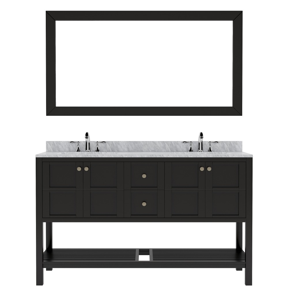 Winterfell 60" Double Bath Vanity in Espresso with White Marble Top and Round Sinks with Polished Chrome Faucets and Mirror