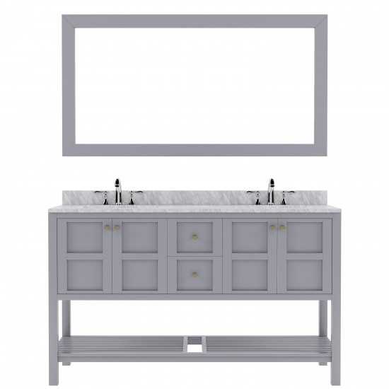 Winterfell 60" Double Bath Vanity in Gray with White Marble Top and Round Sinks and Matching Mirror