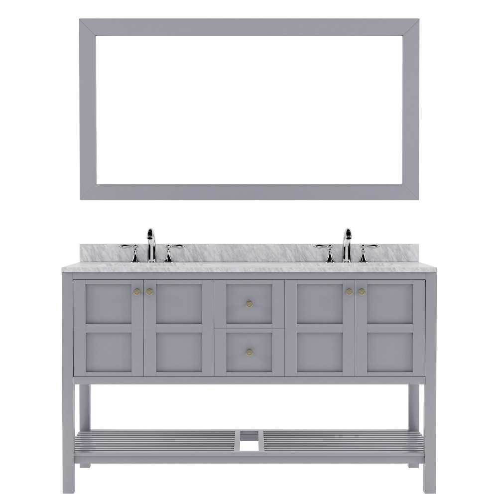 Winterfell 60" Double Bath Vanity in Gray with White Marble Top and Round Sinks and Matching Mirror