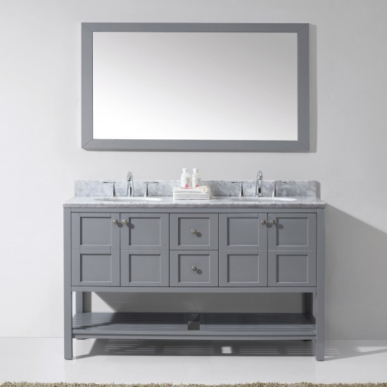 Winterfell 60" Double Bath Vanity in Gray with White Marble Top and Round Sinks and Matching Mirror