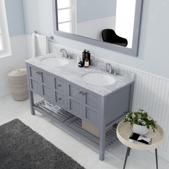 Winterfell 60" Double Bath Vanity in Gray with White Marble Top and Round Sinks and Matching Mirror