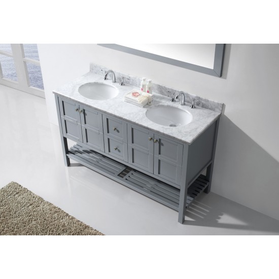 Winterfell 60" Double Bath Vanity in Gray with White Marble Top and Round Sinks and Matching Mirror