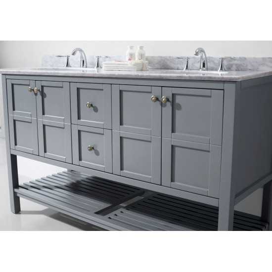 Winterfell 60" Double Bath Vanity in Gray with White Marble Top and Round Sinks and Matching Mirror