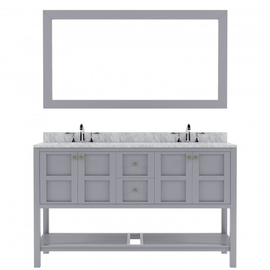 Winterfell 60" Double Bath Vanity in Gray with White Marble Top and Round Sinks with Brushed Nickel Faucets and Matching Mirr