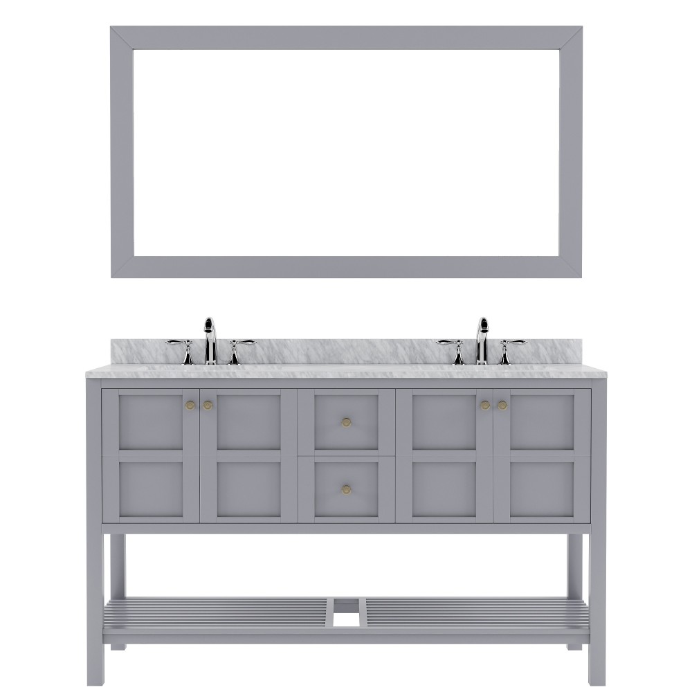 Winterfell 60" Double Bath Vanity in Gray with White Marble Top and Round Sinks with Brushed Nickel Faucets and Matching Mirr