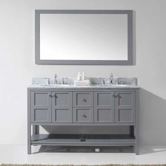 Winterfell 60" Double Bath Vanity in Gray with White Marble Top and Round Sinks with Brushed Nickel Faucets and Matching Mirr