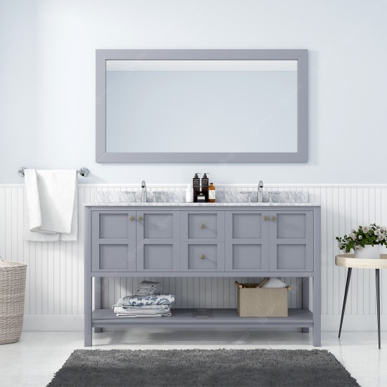 Winterfell 60" Double Bath Vanity in Gray with White Marble Top and Round Sinks with Brushed Nickel Faucets and Matching Mirr