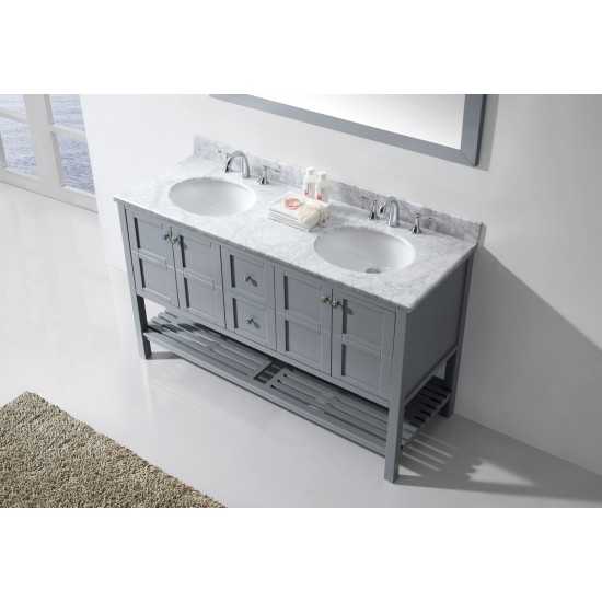 Winterfell 60" Double Bath Vanity in Gray with White Marble Top and Round Sinks with Brushed Nickel Faucets and Matching Mirr