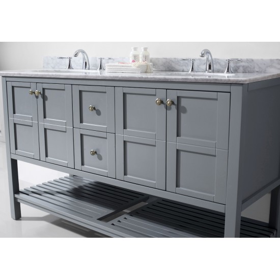 Winterfell 60" Double Bath Vanity in Gray with White Marble Top and Round Sinks with Brushed Nickel Faucets and Matching Mirr