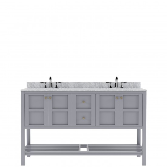 Winterfell 60" Double Bath Vanity in Gray with White Marble Top and Round Sinks with Brushed Nickel Faucets