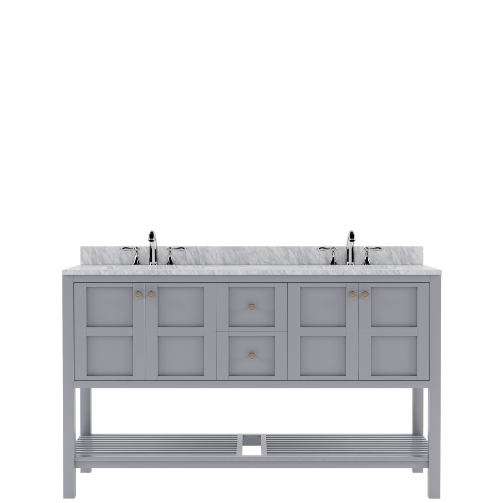 Winterfell 60" Double Bath Vanity in Gray with White Marble Top and Round Sinks with Brushed Nickel Faucets