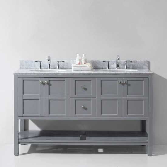 Winterfell 60" Double Bath Vanity in Gray with White Marble Top and Round Sinks with Brushed Nickel Faucets