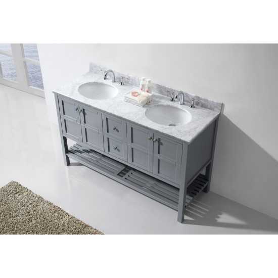 Winterfell 60" Double Bath Vanity in Gray with White Marble Top and Round Sinks with Brushed Nickel Faucets