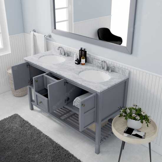 Winterfell 60" Double Bath Vanity in Gray with White Marble Top and Round Sinks with Polished Chrome Faucets and Matching Mir