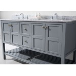 Winterfell 60" Double Bath Vanity in Gray with White Marble Top and Round Sinks with Polished Chrome Faucets and Matching Mir