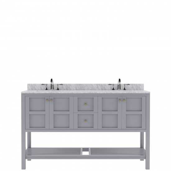 Winterfell 60" Double Bath Vanity in Gray with White Marble Top and Round Sinks with Polished Chrome Faucets