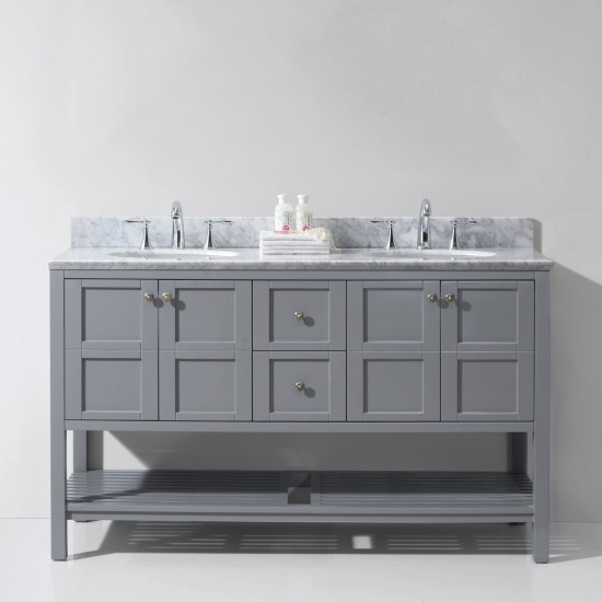 Winterfell 60" Double Bath Vanity in Gray with White Marble Top and Round Sinks with Polished Chrome Faucets