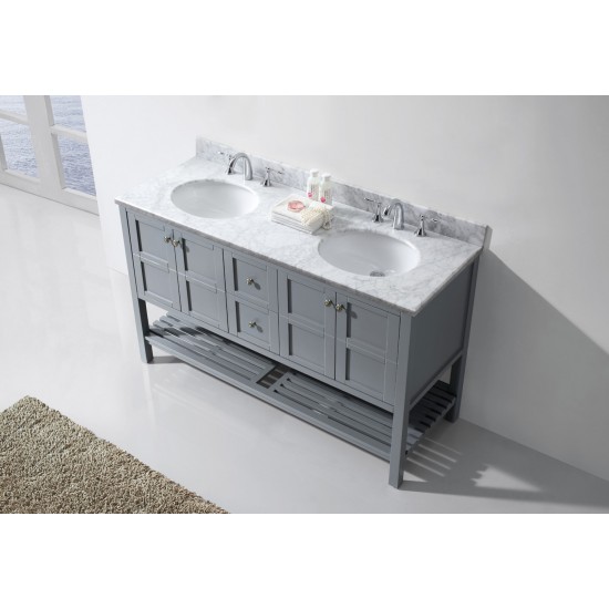 Winterfell 60" Double Bath Vanity in Gray with White Marble Top and Round Sinks with Polished Chrome Faucets