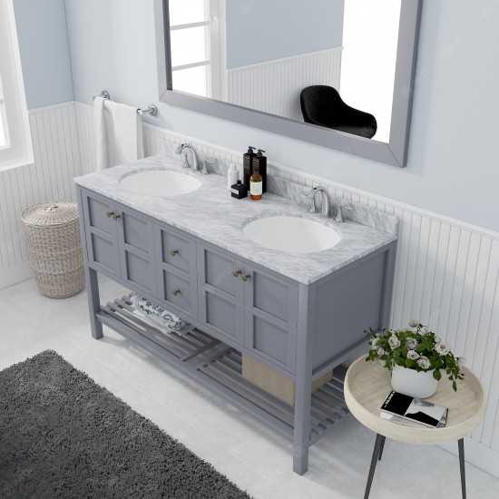 Winterfell 60" Double Bath Vanity in Gray with White Marble Top and Round Sinks