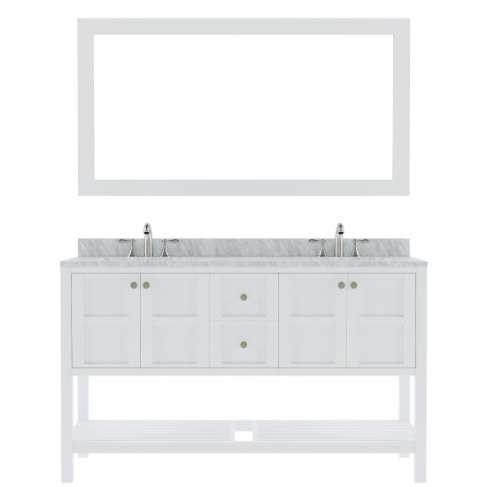 Winterfell 60" Double Bath Vanity in White with White Marble Top and Round Sinks and Matching Mirror