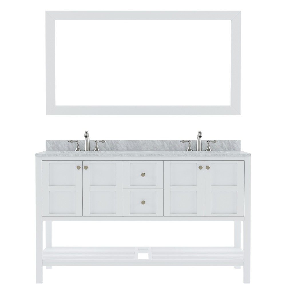 Winterfell 60" Double Bath Vanity in White with White Marble Top and Round Sinks and Matching Mirror