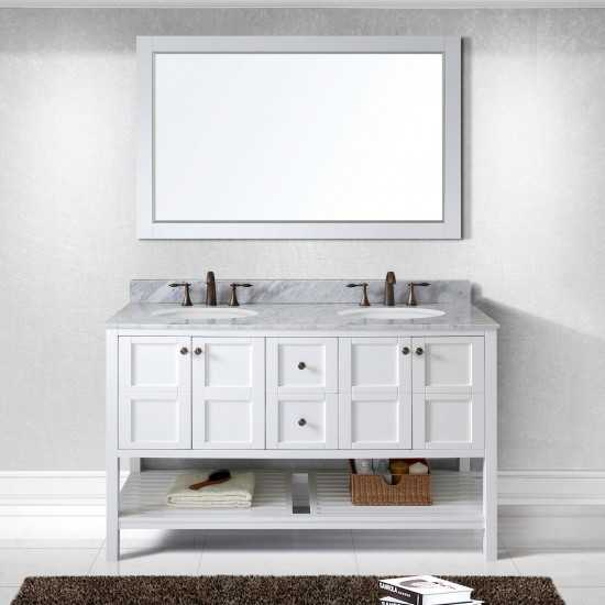 Winterfell 60" Double Bath Vanity in White with White Marble Top and Round Sinks and Matching Mirror