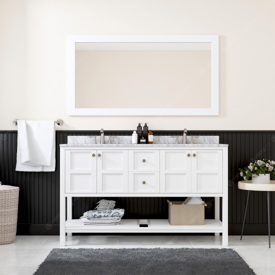 Winterfell 60" Double Bath Vanity in White with White Marble Top and Round Sinks and Matching Mirror